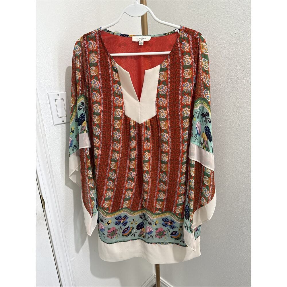 Umgee‎ USA Women Rust Red Floral Stripe Kimono Sleeve Boho Tunic Dress Medium